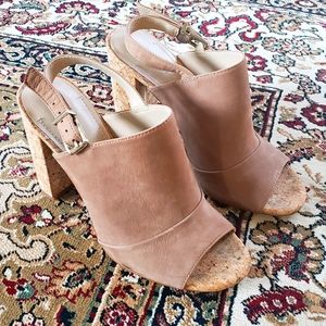 BCBG beige cork block peep toe heels